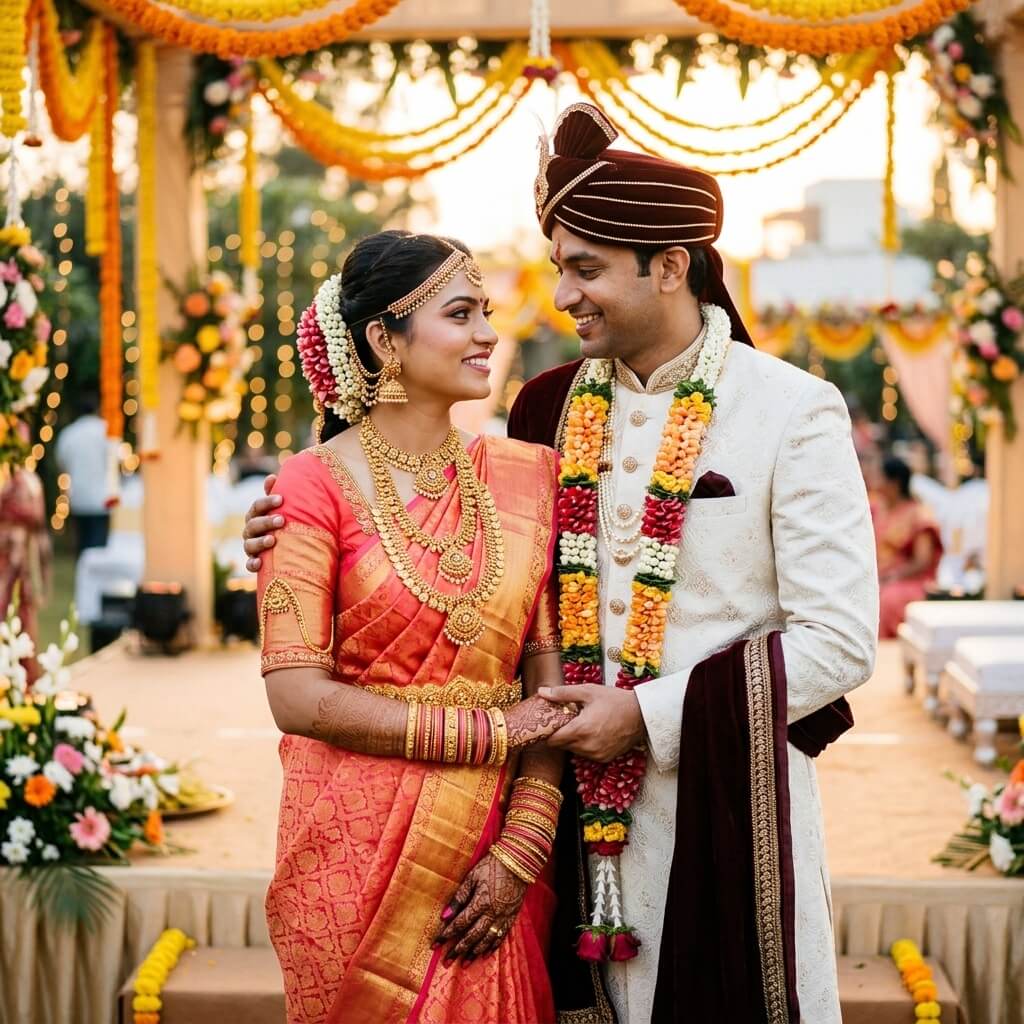 Telugu wedding couple – bride in coral Kanjivaram saree, groom in cream sherwani